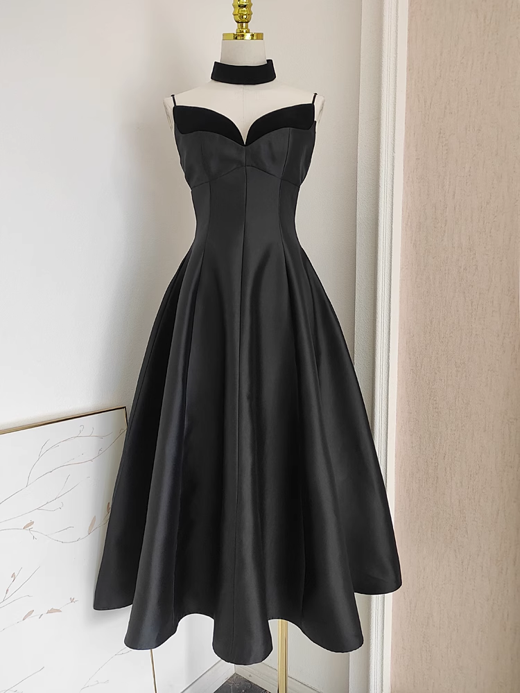 Sexy A line Spaghetti Straps Black Vacation Dress Satin Women Dresses - VelvetHem