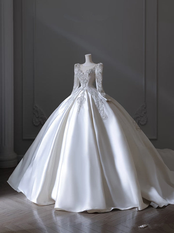Princess Ball Gown Scoop Neckline Long Sleeves Pleats Beads White Satin Wedding Dresses - View 4 | VelvetHem