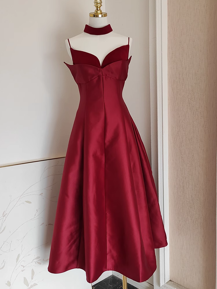 Sexy A line Spaghetti Straps Burgundy Vacation Dress Satin Women Dresses - VelvetHem