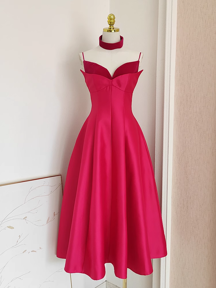 Sexy A line Spaghetti Straps Hot Pink Vacation Dress Satin Women Dresses - VelvetHem