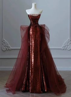 Modest Mermaid Strapless Burgundy Floor Length Evening Dress Sequin Prom Dresses