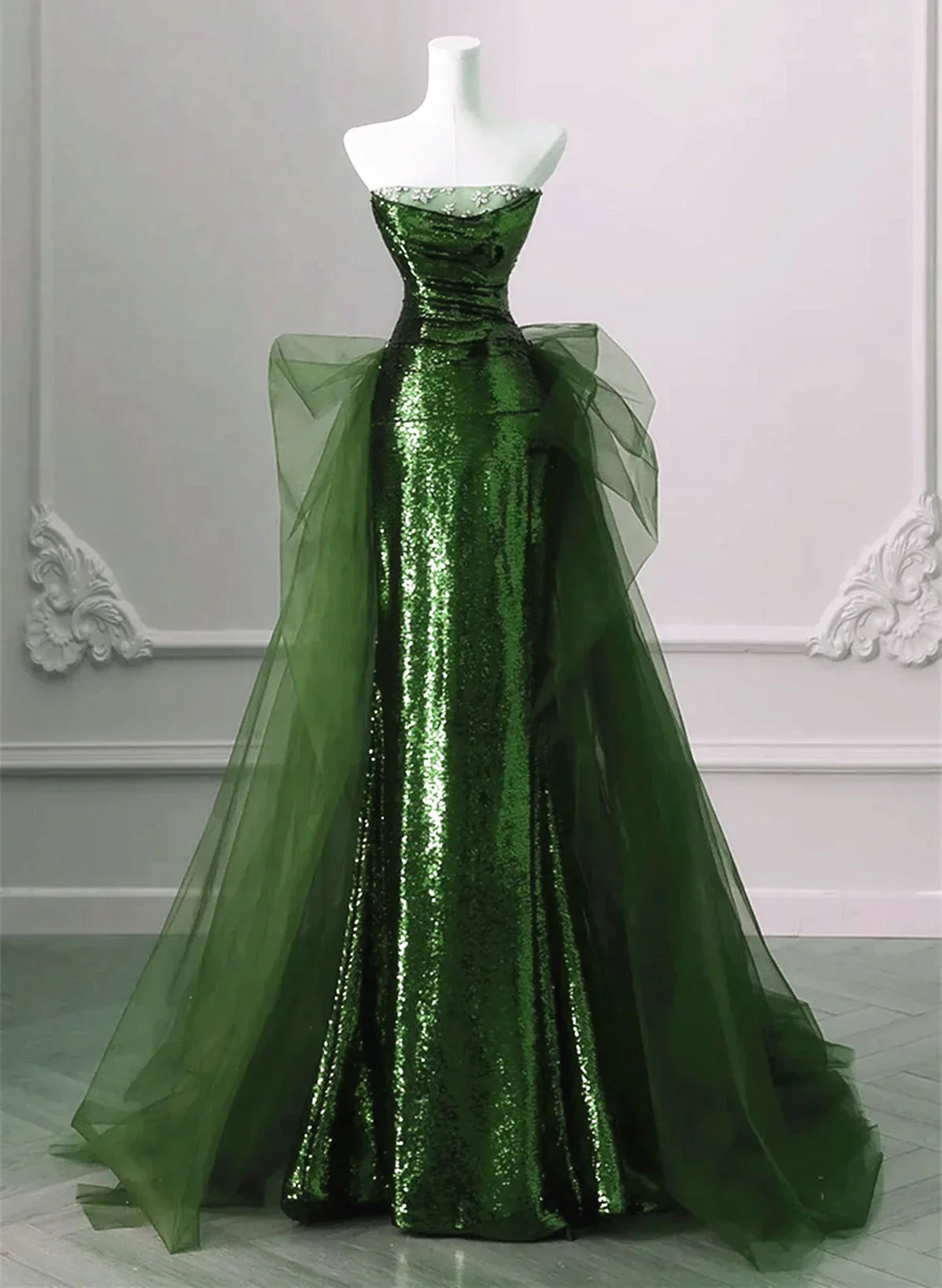 A-line Green Sequins and Tulle Long Prom Dress Green Evening Dress Formal Dress - View 2 | VelvetHem