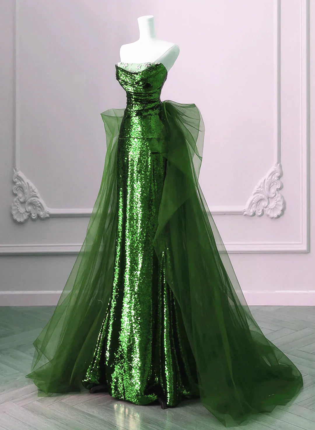 A-line Green Sequins and Tulle Long Prom Dress Green Evening Dress Formal Dress - View 3 | VelvetHem
