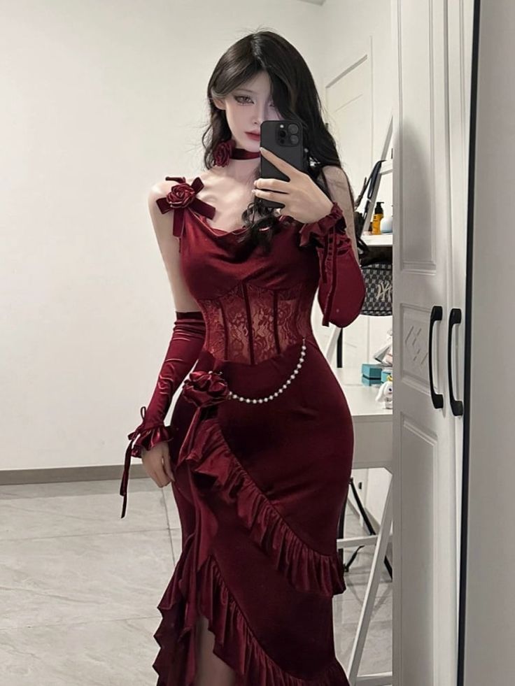 Sexy Mermaid Straps Burgundy Velvet Long Evening Gowns Prom Dresses - View 2 | VelvetHem