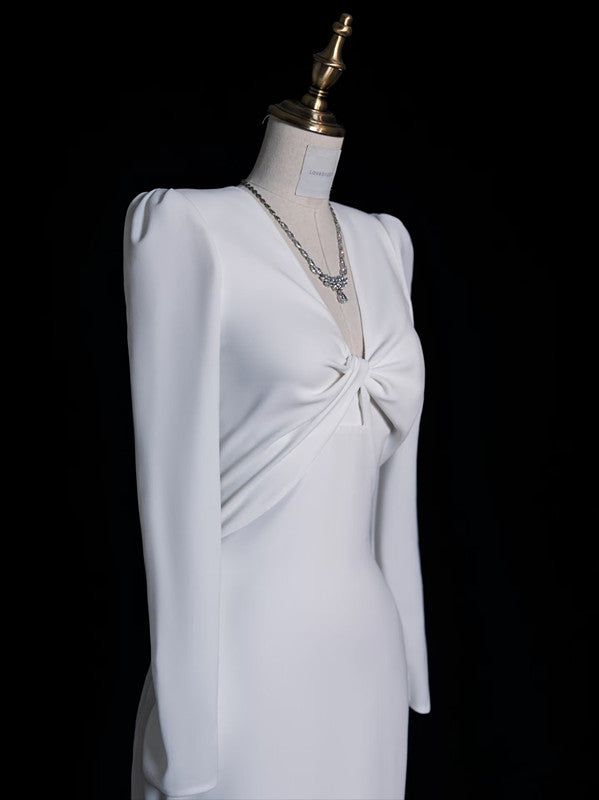 Sexy Mermaid V Neckline Long Sleeves White Satin Wedding Dresses Brides Dress - View 5 | VelvetHem