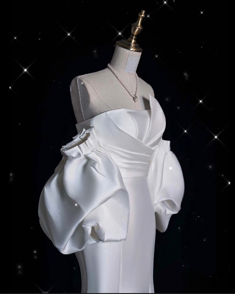 Sexy Mermaid Strapless Short Sleeves White Satin Wedding Dresses Brides Dress