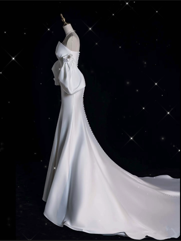 Sexy Mermaid Strapless Short Sleeves White Satin Wedding Dresses Brides Dress