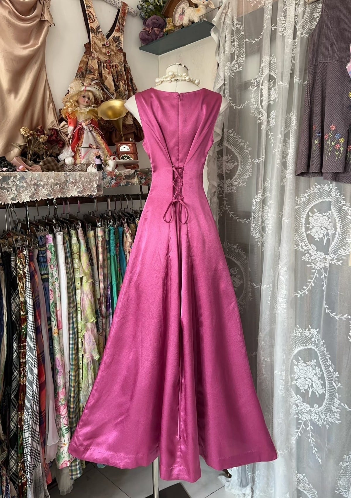 Vintage Fashion A line Floor Length Pink Satin Evening Dress Prom Dresses - View 2 | VelvetHem
