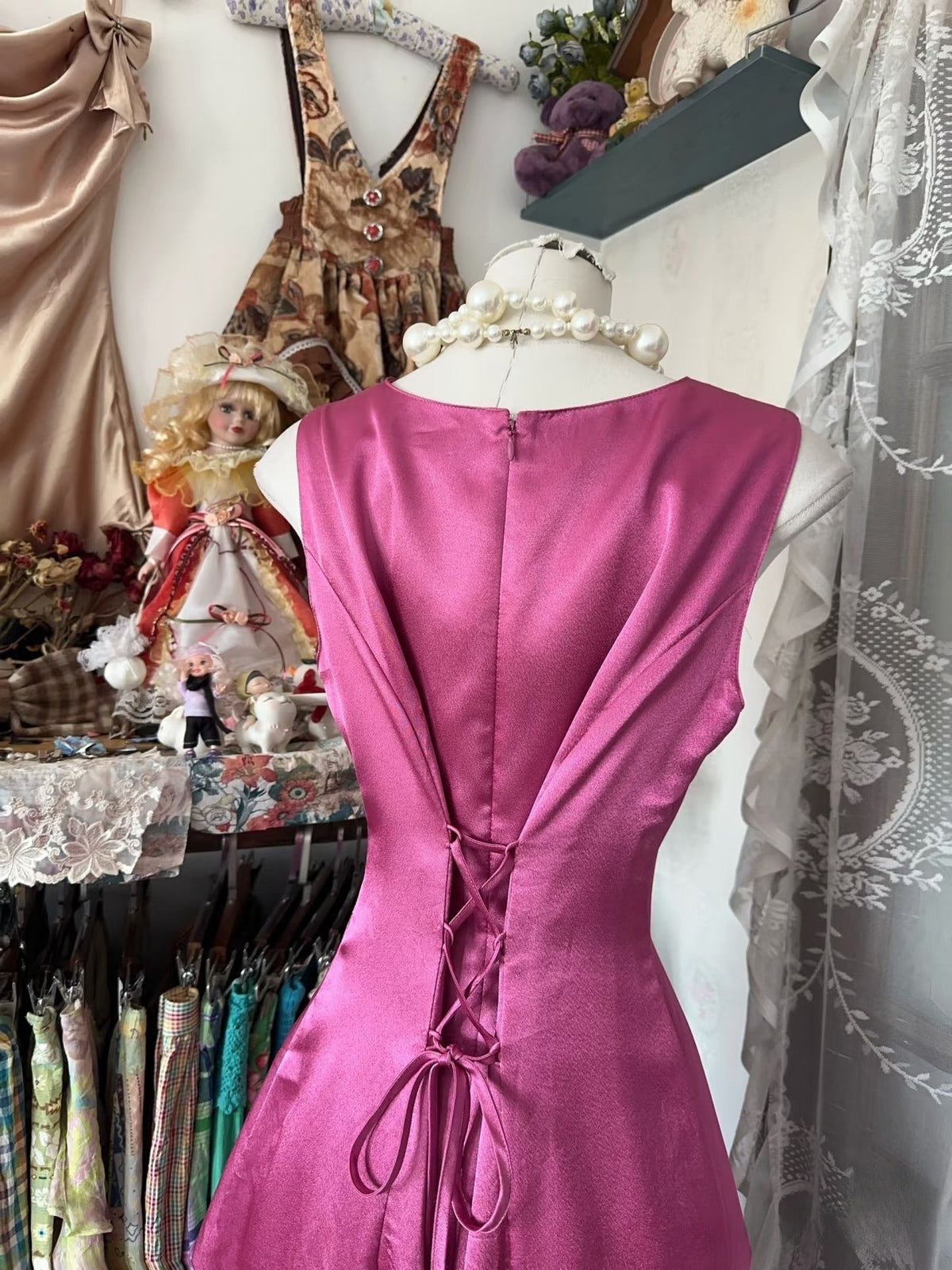 Vintage Fashion A line Floor Length Pink Satin Evening Dress Prom Dresses - View 3 | VelvetHem