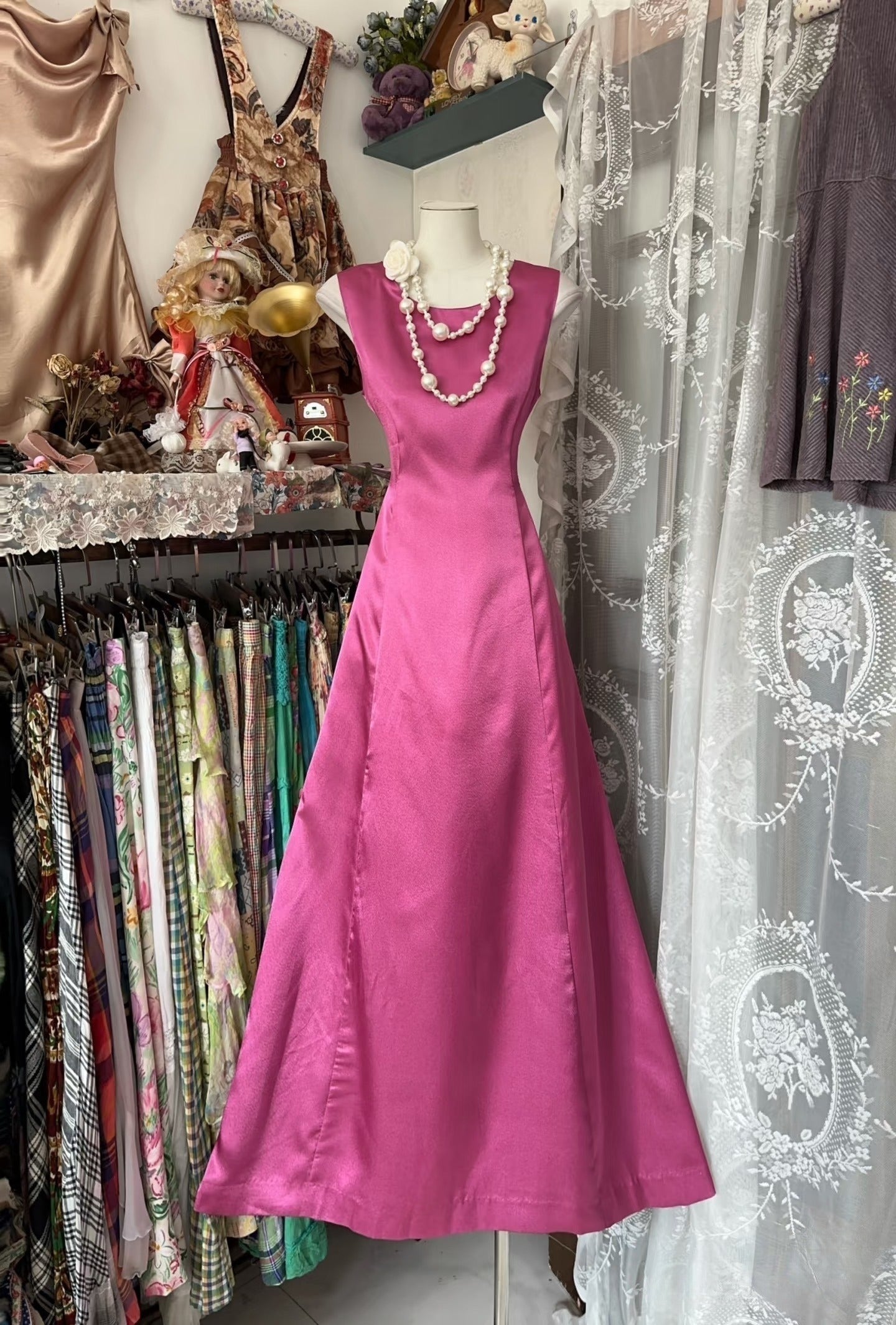 Vintage Fashion A line Floor Length Pink Satin Evening Dress Prom Dresses