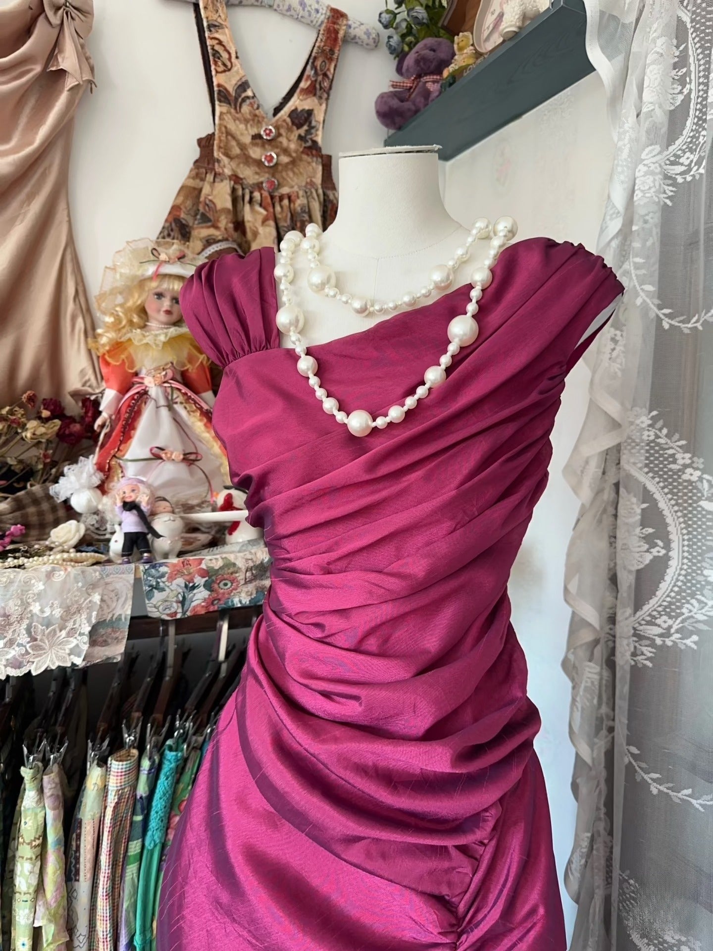 Vintage Fashion Mermaid Floor Length Hot Pink Satin Evening Dress Prom Dresses