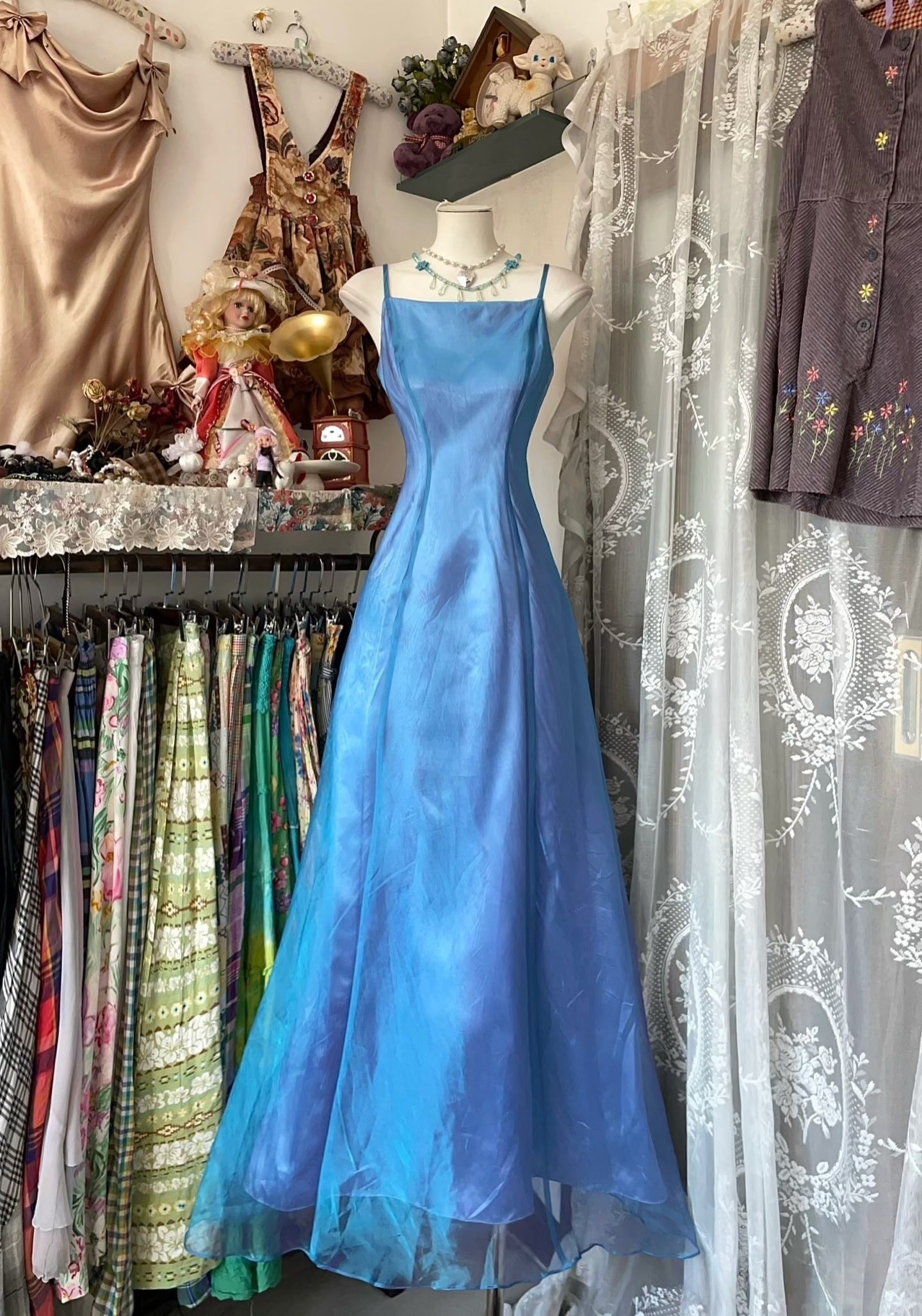 Vintage Fashion Mermaid Spaghetti Straps Blue Floor Length Evening Dress Prom Dresses