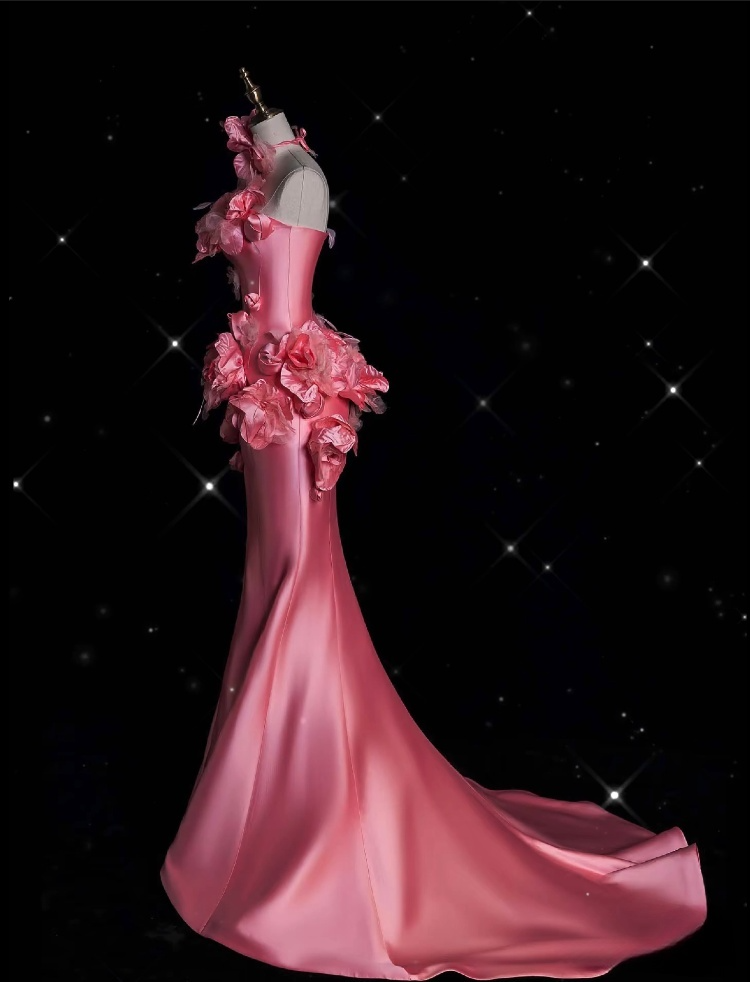Vintage Fashion Mermaid Strapless Pink Satin Floor Length Evening Dress Prom Dresses