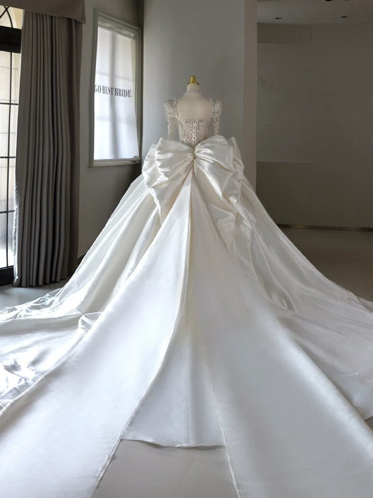 Luxury Ball Gown Sweetheart Neckline Long Sleeves Sequin White Wedding Dresses Brides Dress - View 5 | VelvetHem