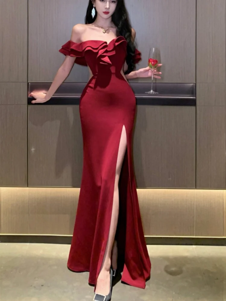 Mermaid Off The Shoulder Floor-length Burgundy Satin Slit Prom Dresses