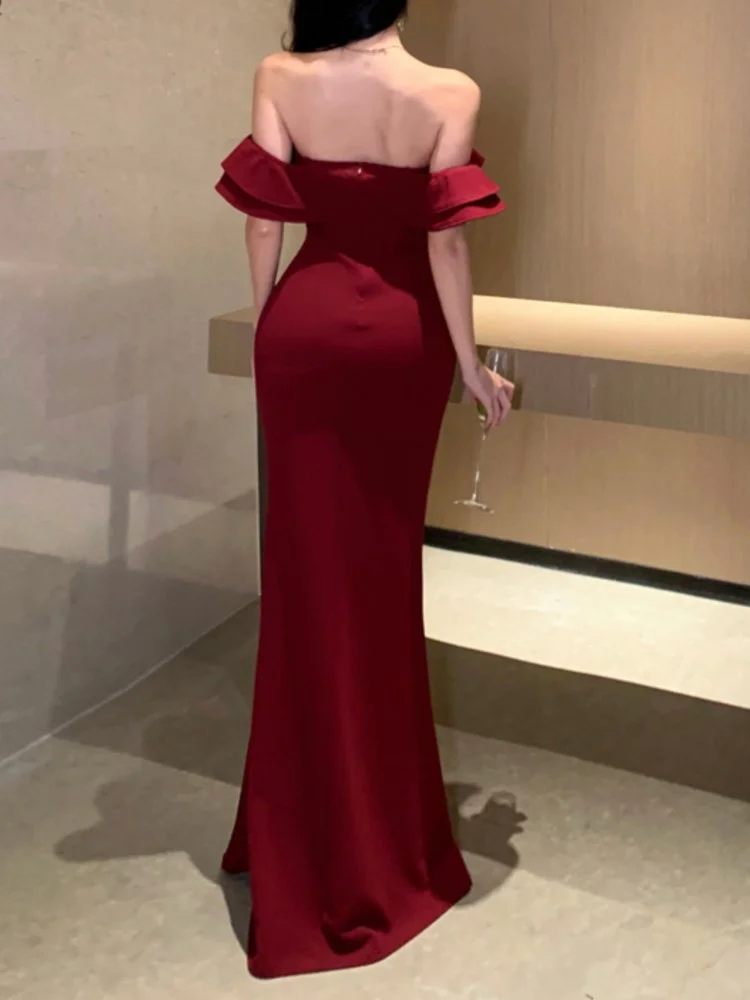 Mermaid Off The Shoulder Floor-length Burgundy Satin Slit Prom Dresses