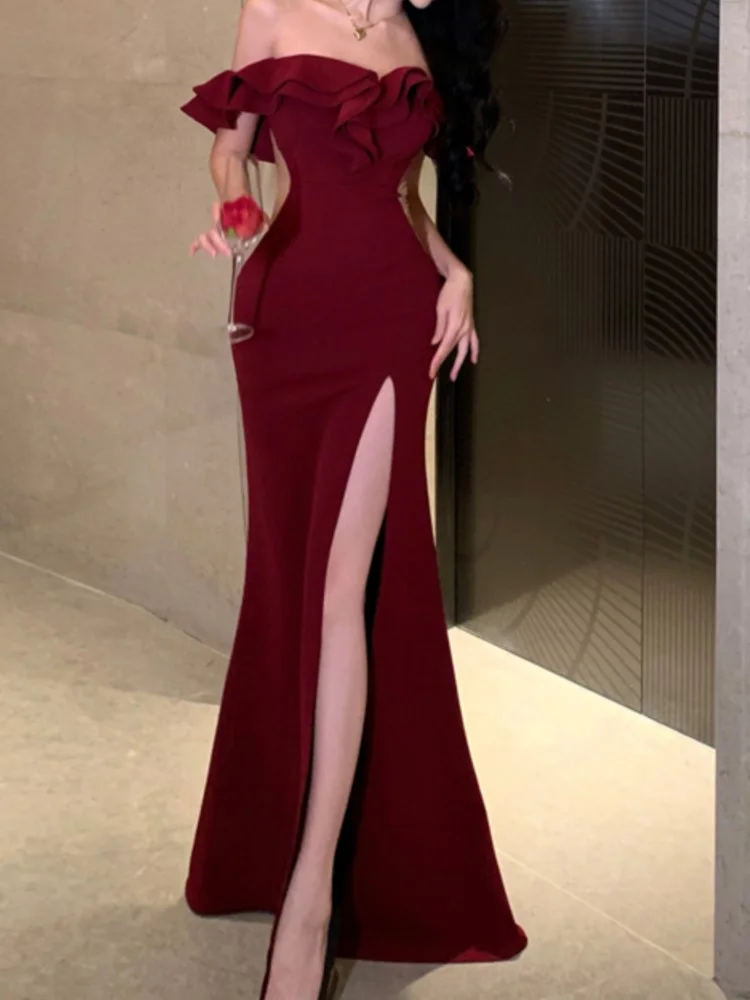 Mermaid Off The Shoulder Floor-length Burgundy Satin Slit Prom Dresses