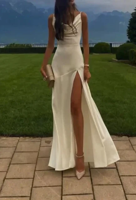 Gorgeous Mermaid Spaghetti Straps Floor-length White Slit Evening Dress Prom Dresses - View 3 | VelvetHem