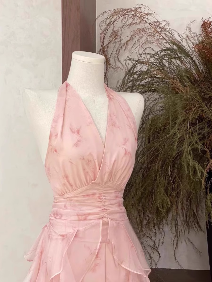 Sexy A Line Halter Ruffled Floral Pink Long Women's Holiday Dresses - View 4 | VelvetHem