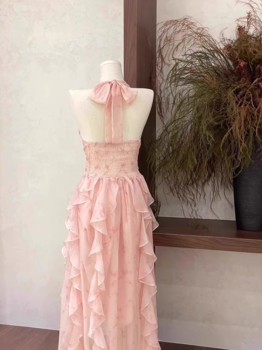 Sexy A Line Halter Ruffled Floral Pink Long Women's Holiday Dresses - View 3 | VelvetHem
