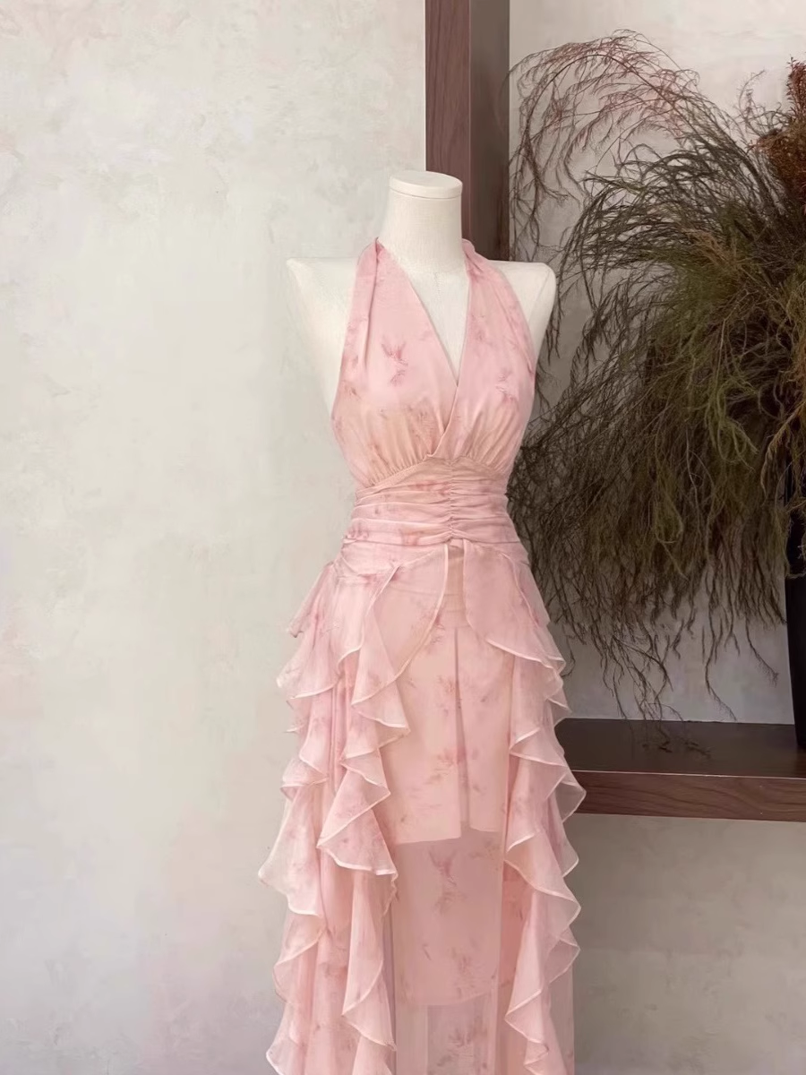 Sexy A Line Halter Ruffled Floral Pink Long Women's Holiday Dresses - View 2 | VelvetHem