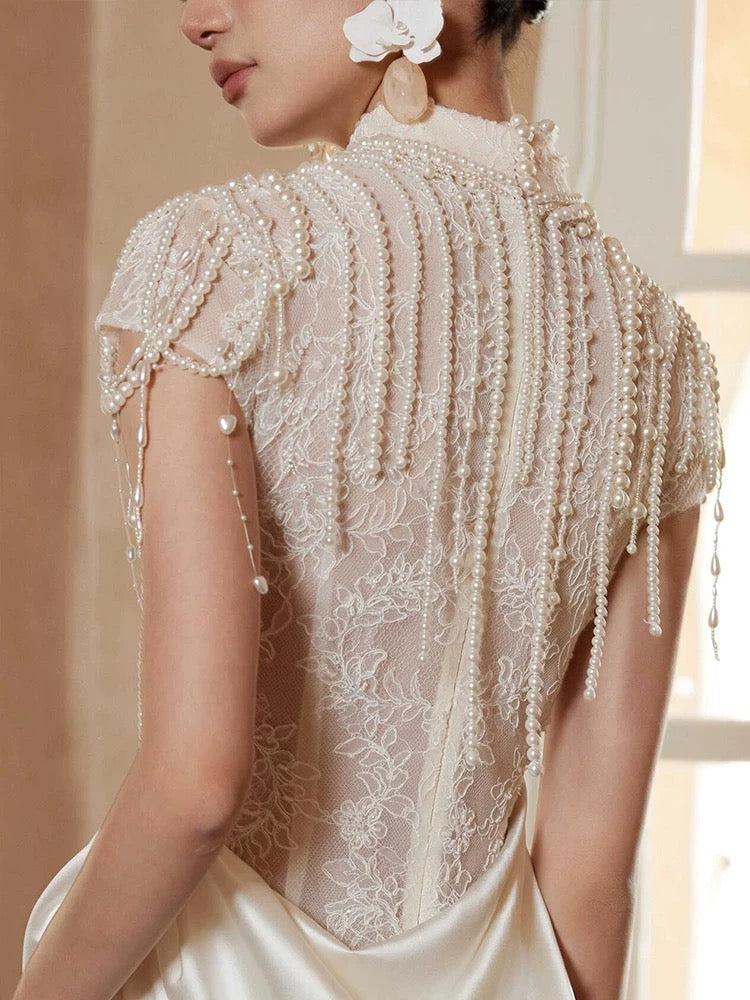 Unique Mermaid High Neckline Pearls Pleats Long White Satin Wedding Dresses - View 4 | VelvetHem