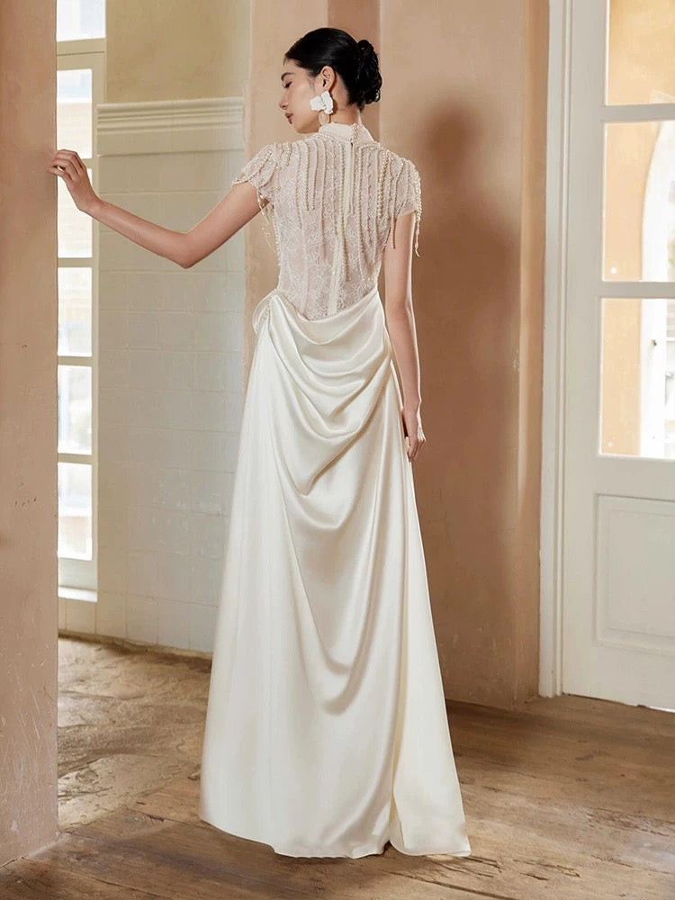Unique Mermaid High Neckline Pearls Pleats Long White Satin Wedding Dresses - View 2 | VelvetHem