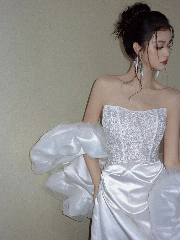Unique Mermaid Strapless Lace Pleats White Satin Ruffles Wedding Dresses