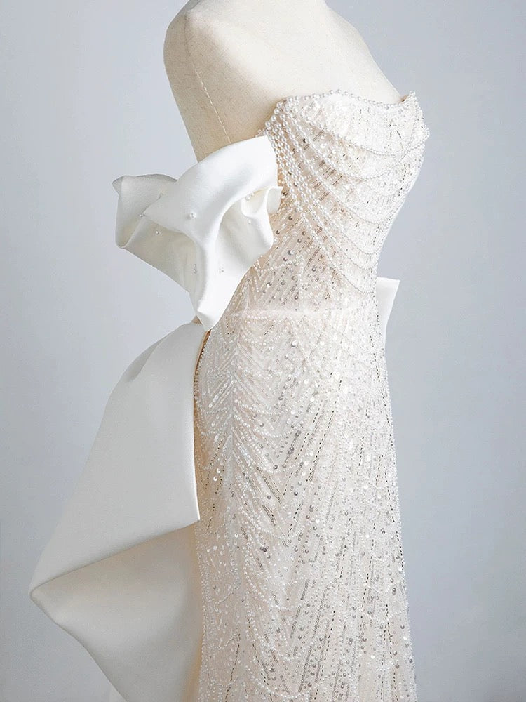 Unique Mermaid Off The Shoulder Short Sleeves Long White Sequin Wedding Dresses
