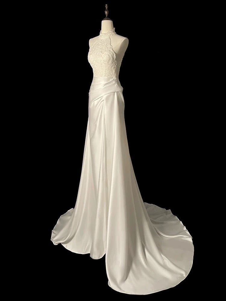 Unique Sheath High Neckline Satin Lace Ivory Wedding Dresses