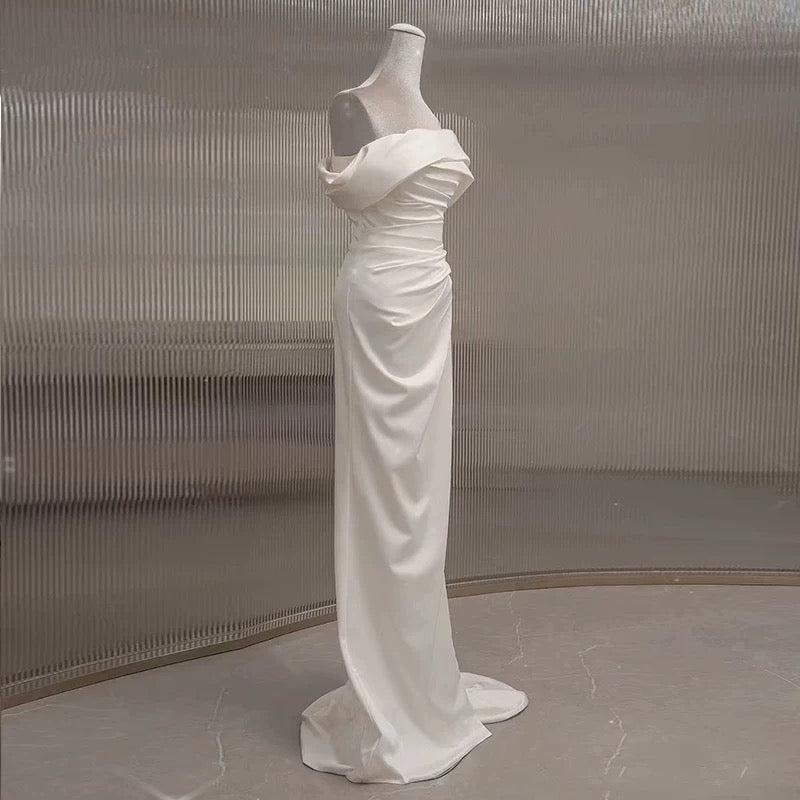 Timeless Mermaid Off The Shoulder Short Sleeves White Satin Wedding Dresses - View 2 | VelvetHem