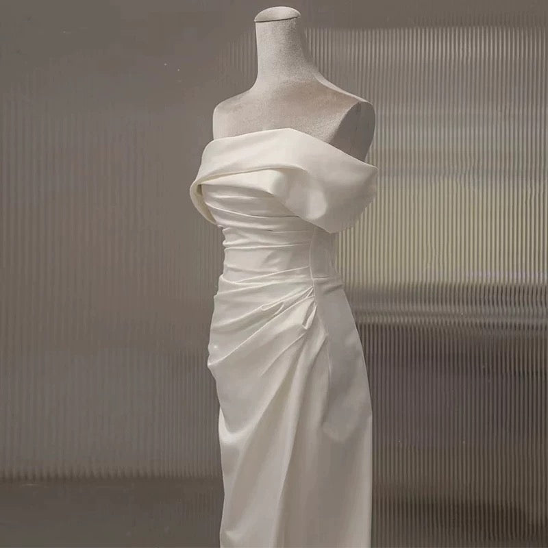 Timeless Mermaid Off The Shoulder Short Sleeves White Satin Wedding Dresses - View 4 | VelvetHem