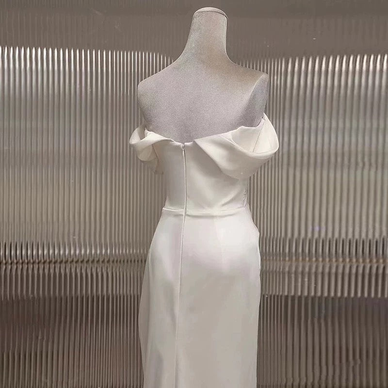 Timeless Mermaid Off The Shoulder Short Sleeves White Satin Wedding Dresses - View 3 | VelvetHem