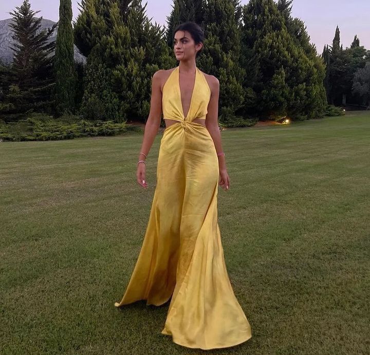 Pretty A line Halter Neckline Long Yellow Prom Dress Evening Dress Formal Dress