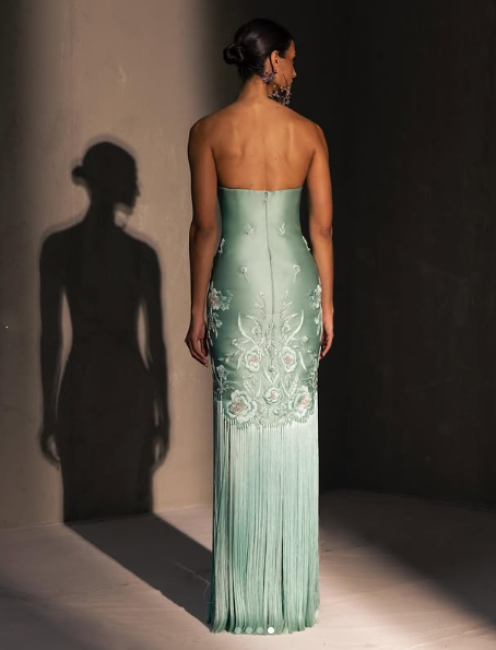 Fancy Mermaid Strapless Neckline Green Satin Long Prom Dress Evening Dress Formal Dress - View 2 | VelvetHem