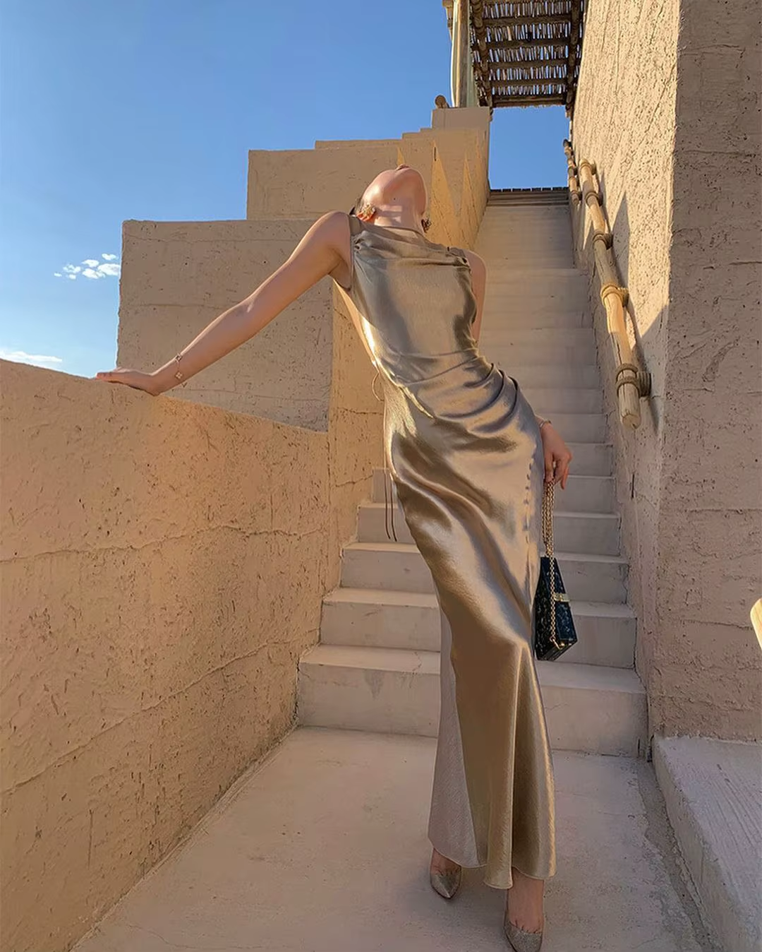 Fancy Mermaid Straps Neckline Champagne Satin Long Prom Dress Evening Dress Formal Dress - View 3 | VelvetHem