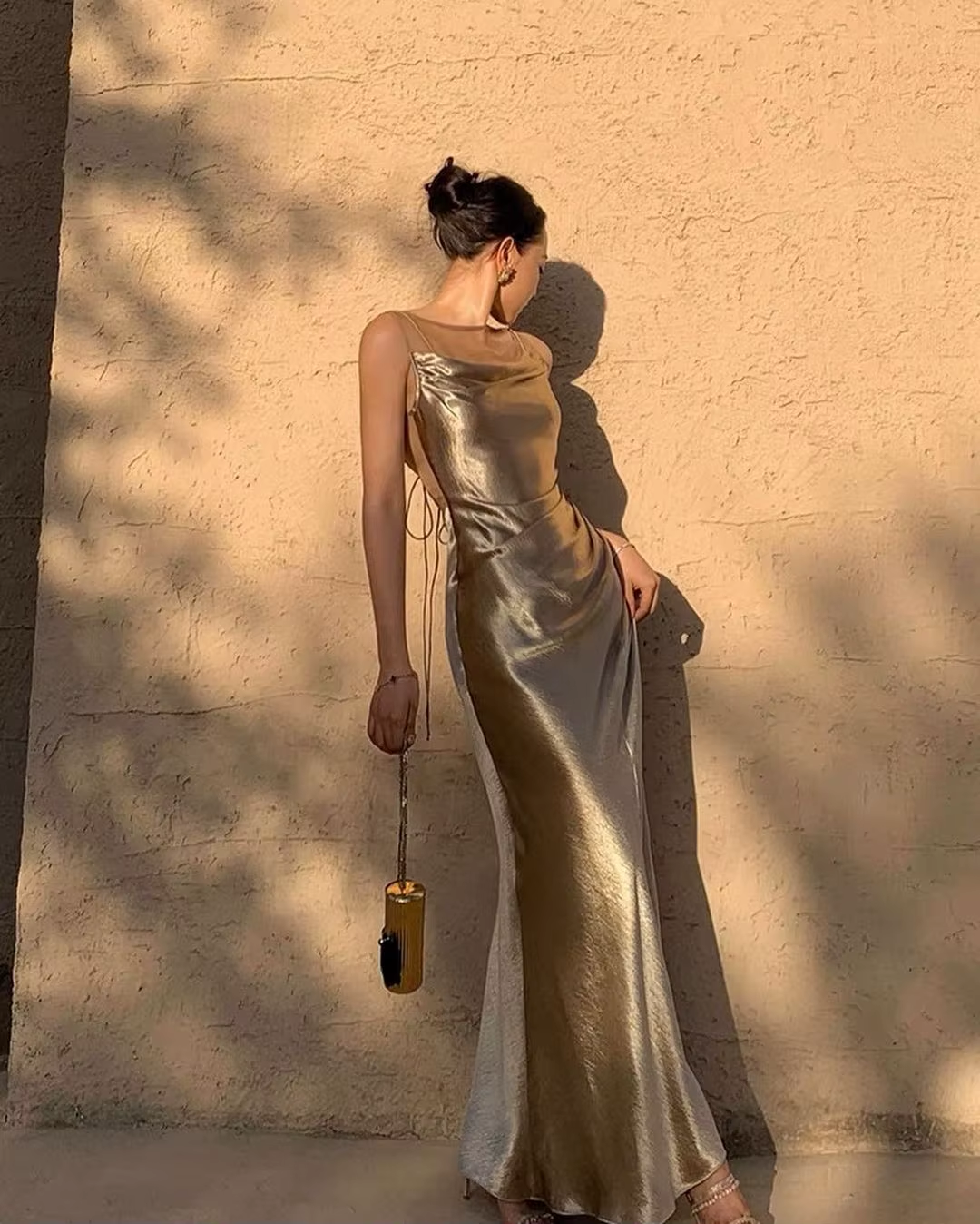Fancy Mermaid Straps Neckline Champagne Satin Long Prom Dress Evening Dress Formal Dress - View 6 | VelvetHem