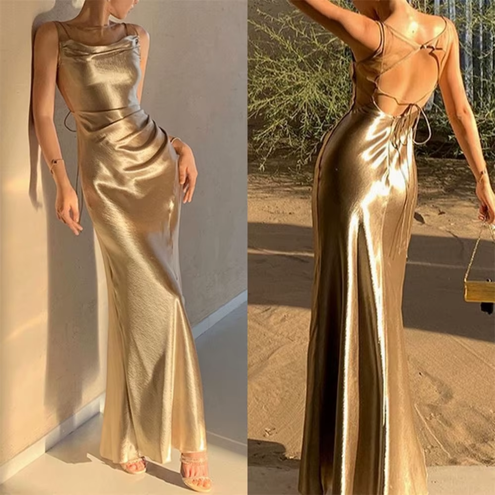 Fancy Mermaid Straps Neckline Champagne Satin Long Prom Dress Evening Dress Formal Dress - View 7 | VelvetHem