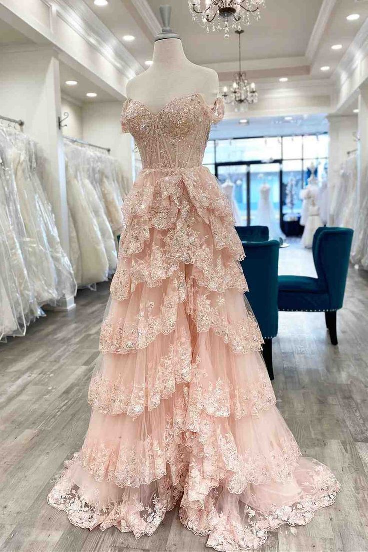 Pretty A-Line Off The Shoulder Blush Pink Lace Slit Long Prom Dresses Formal Evening Dress