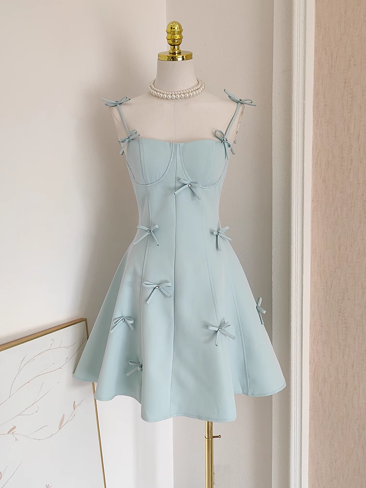 Simple Ball Gown Straps Satin Blue Short Birthday Outfits 16th Birthday Dresses - VelvetHem