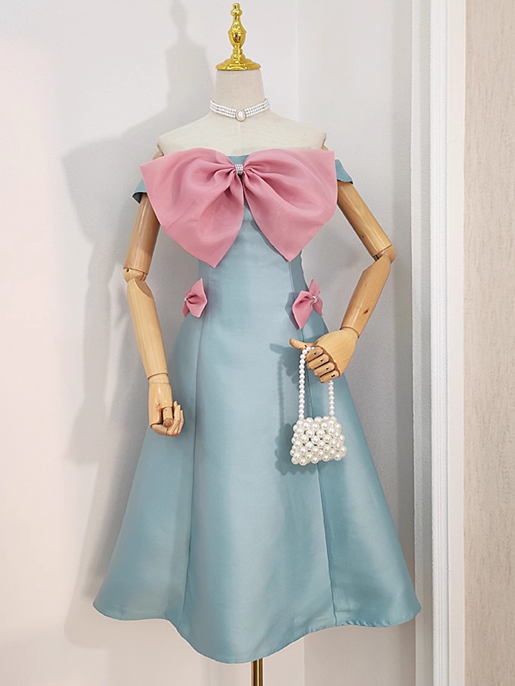 Sexy A line Strapless Blue Satin Women's Holiday Dresses Birthday Outfits - VelvetHem
