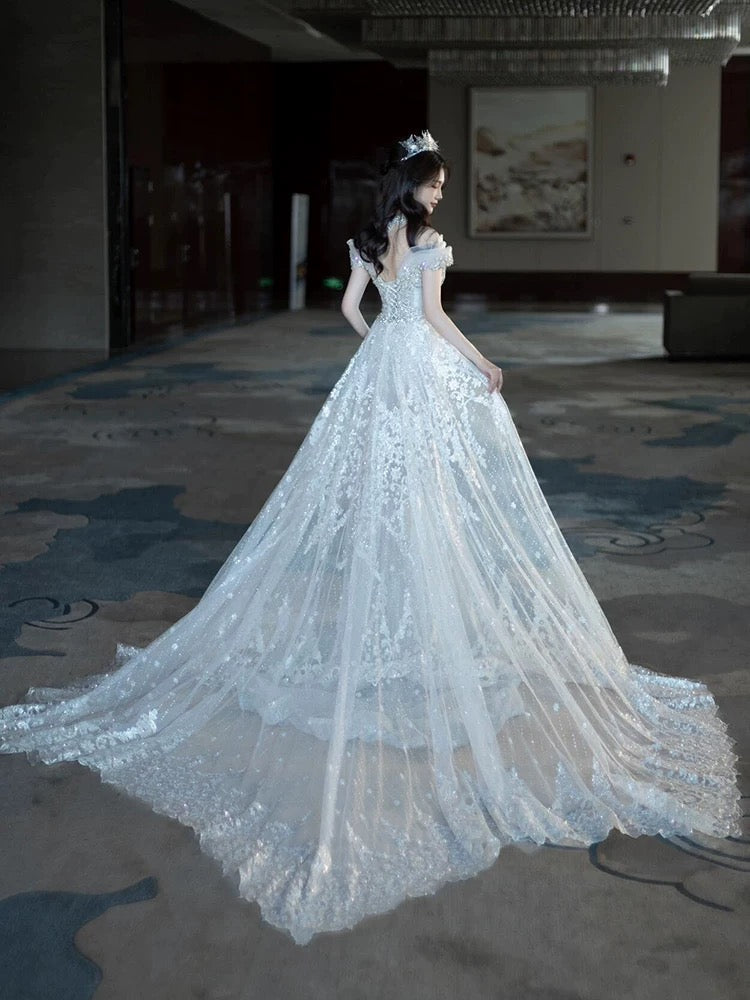 Pretty Mermaid Off The Shoulder Tulle Silver Beads Long Prom Dresses Formal Evening Dress