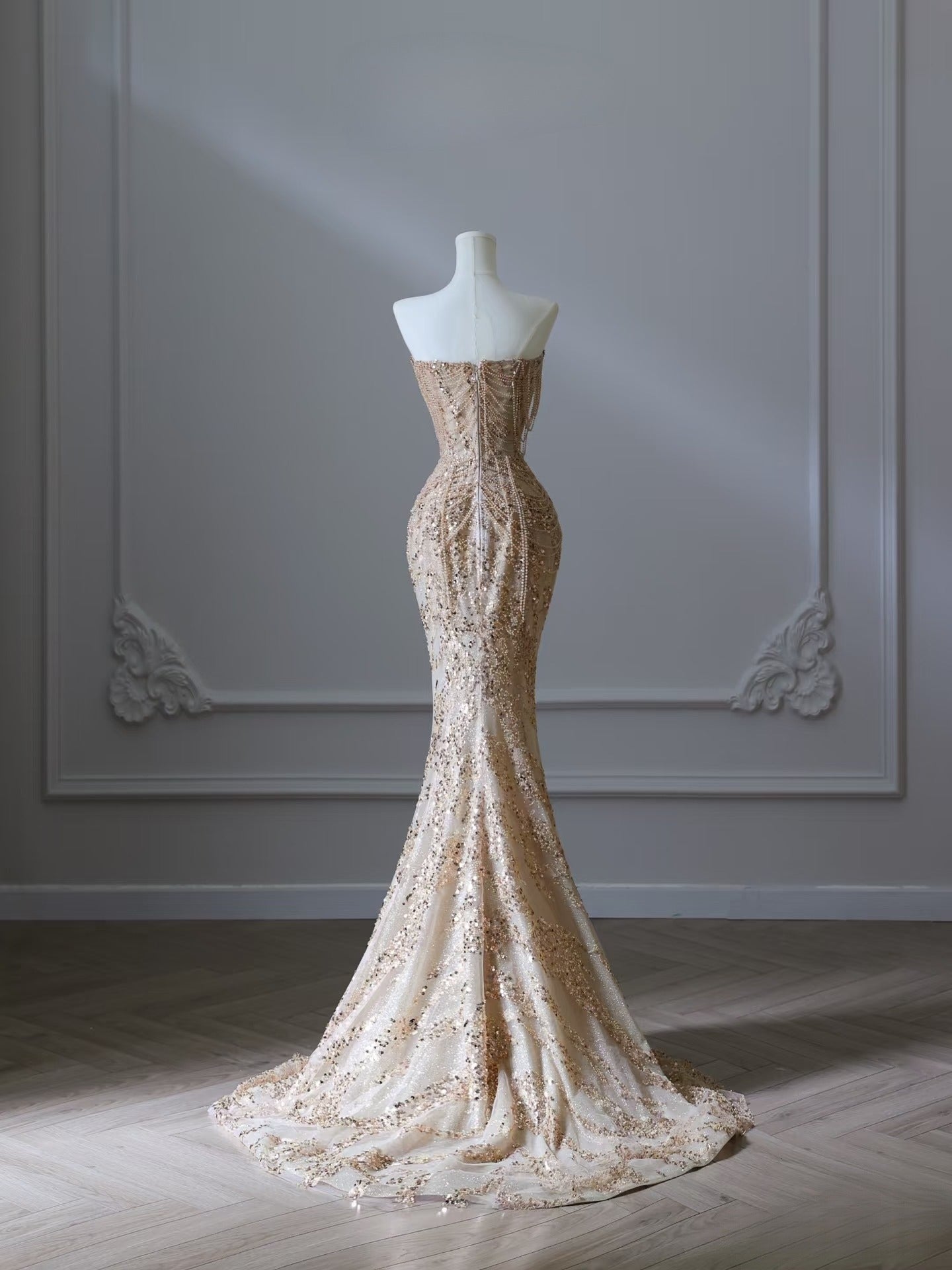 Pretty Mermaid Strapless Gold Sequin Beads Long Prom Dresses Formal Evening Dress