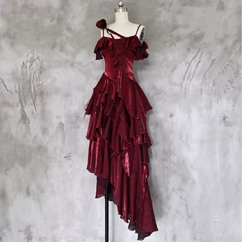 Pretty Irregular Ruffled Spaghetti Straps Burgundy Prom Dresses With Detachable Rose Long Birthday Dress For Women - VelvetHem