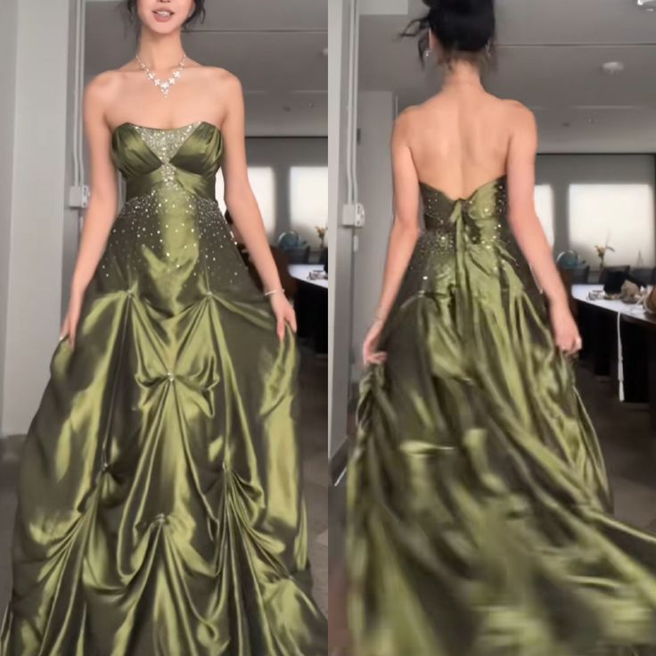 Pretty Ball Gown Strapless Satin Olive Green Long Ruffles Prom Dresses Formal Evening Dress