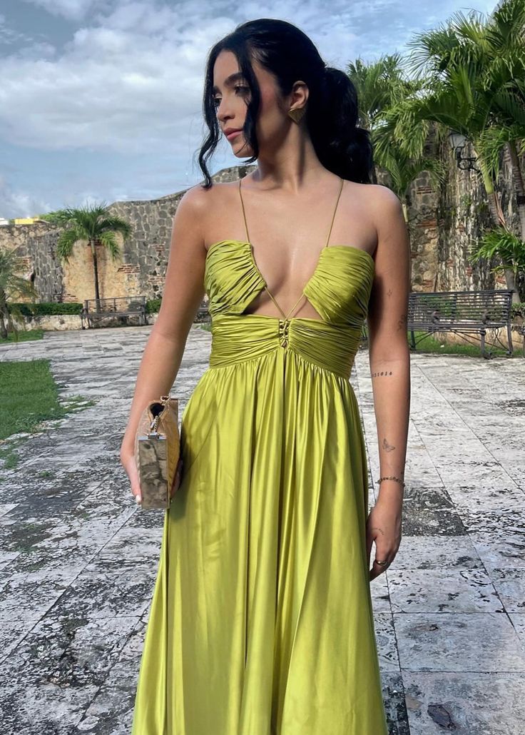 Pretty A Line Halter Green Long Satin Prom Dresses Formal Evening Dress