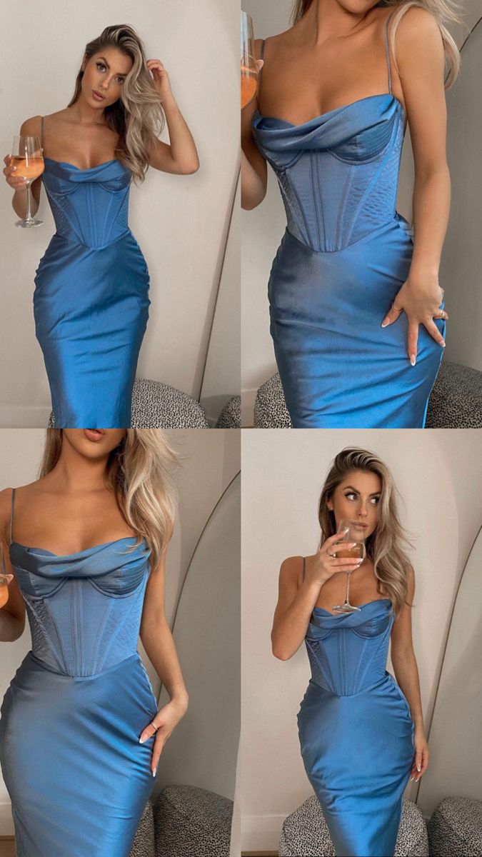 Simple Mermaid Spaghetti Straps Neckline Long Party Dress Satin Blue Prom Dresses