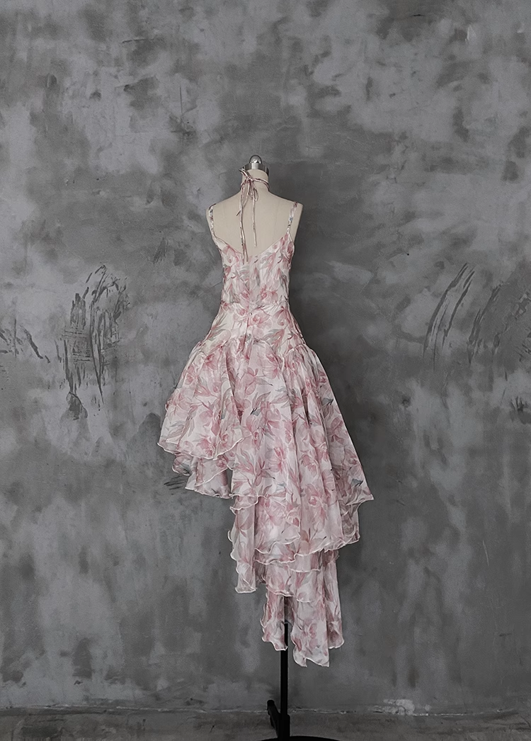 Pretty High Low Spaghetti Straps Pink Organza Prom Dresses Long Birthday Dress For Women - View 2 | VelvetHem