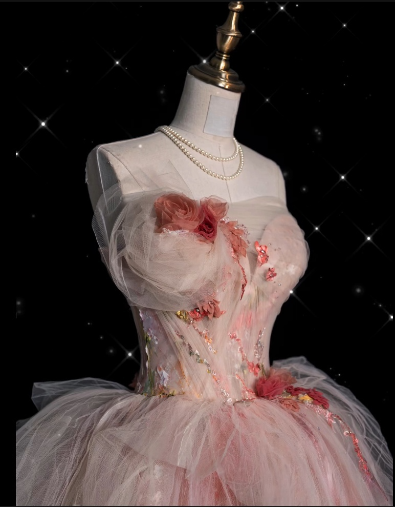 Classy Ball Gown Sweetheart Pink Floral Tulle Long Evening Dress Prom Dresses - View 4 | VelvetHem