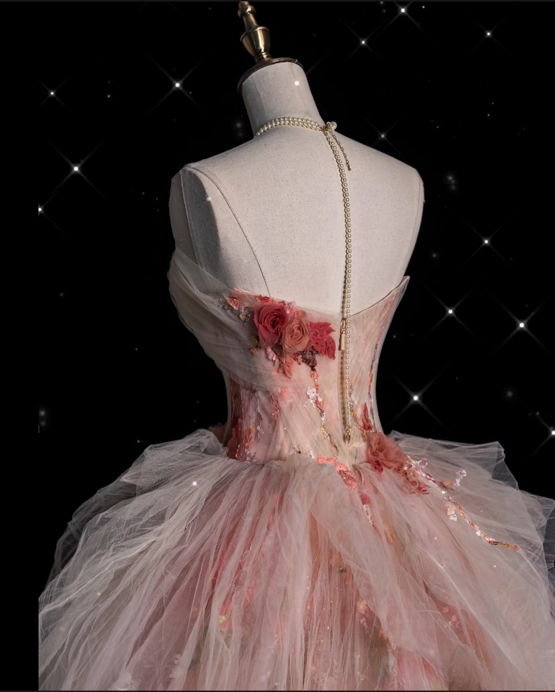 Classy Ball Gown Sweetheart Pink Floral Tulle Long Evening Dress Prom Dresses - View 7 | VelvetHem